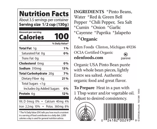 Eden Foods Organic Spicy Refried Pinto Beans 454g