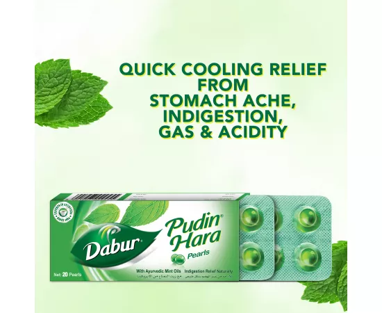 Dabur Pudin Hara Pearls 20's; Quick Cooling Relief from Stomach ache, Gas, Indigestion, Acidity; Contains Peppermint Oils, Spearmint Oils