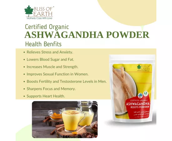 Bliss of Earth  Ashwagandha Root Powder Organics Certified Withania Somnifera Helps To Promotes Better Strength and  Stamina 100g