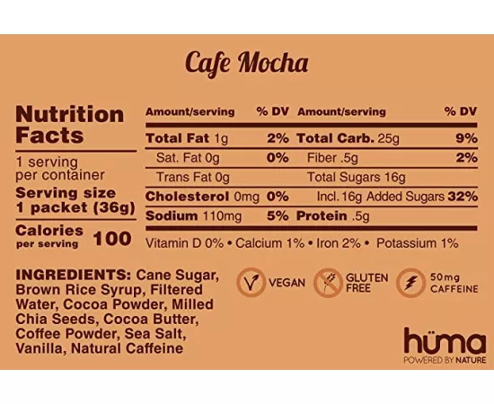 HUMA Chia Cafe Mocha Flavour 2x Caffeine Vegan Energy Gel 9 x 36g