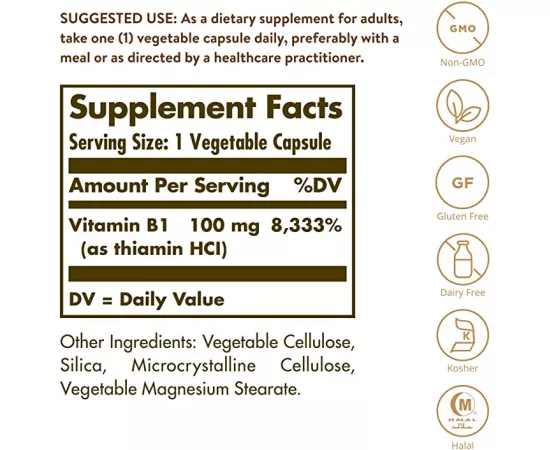 Solgar Vitamin B1 100 mg 100 Vegetable Capsules