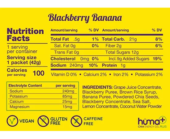 HUMA Plus Chia Blackberry Banana Flavour Vegan Natural Electrolytes Energy Gel 9 x 42g
